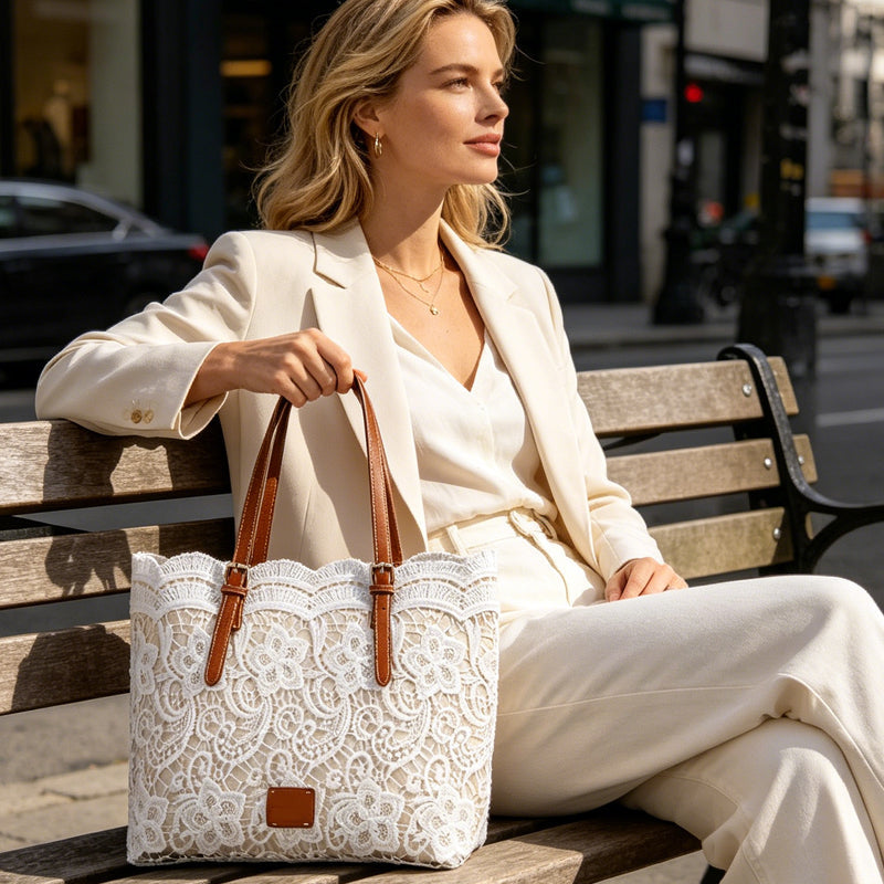 👜 Bílá čipkovaná tote taška s PU koženým popruhem – stylová & prostorná 💖