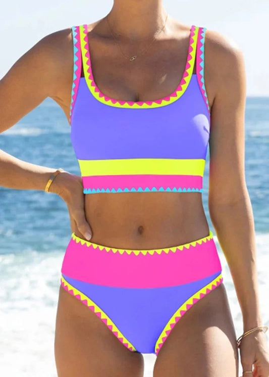 🔥🎁Novinka: 50% SLEVA🔥🌼 Třídílné sportovní bikiny z nylonu s barevnými bloky – vysoký pas se zeštíhlujícím efektem na břicho 👙