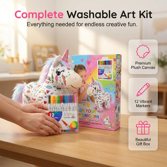 🦄 Sada na vybarvení plyšového jednorožce – omyvatelný a znovu použitelný! 🎨
