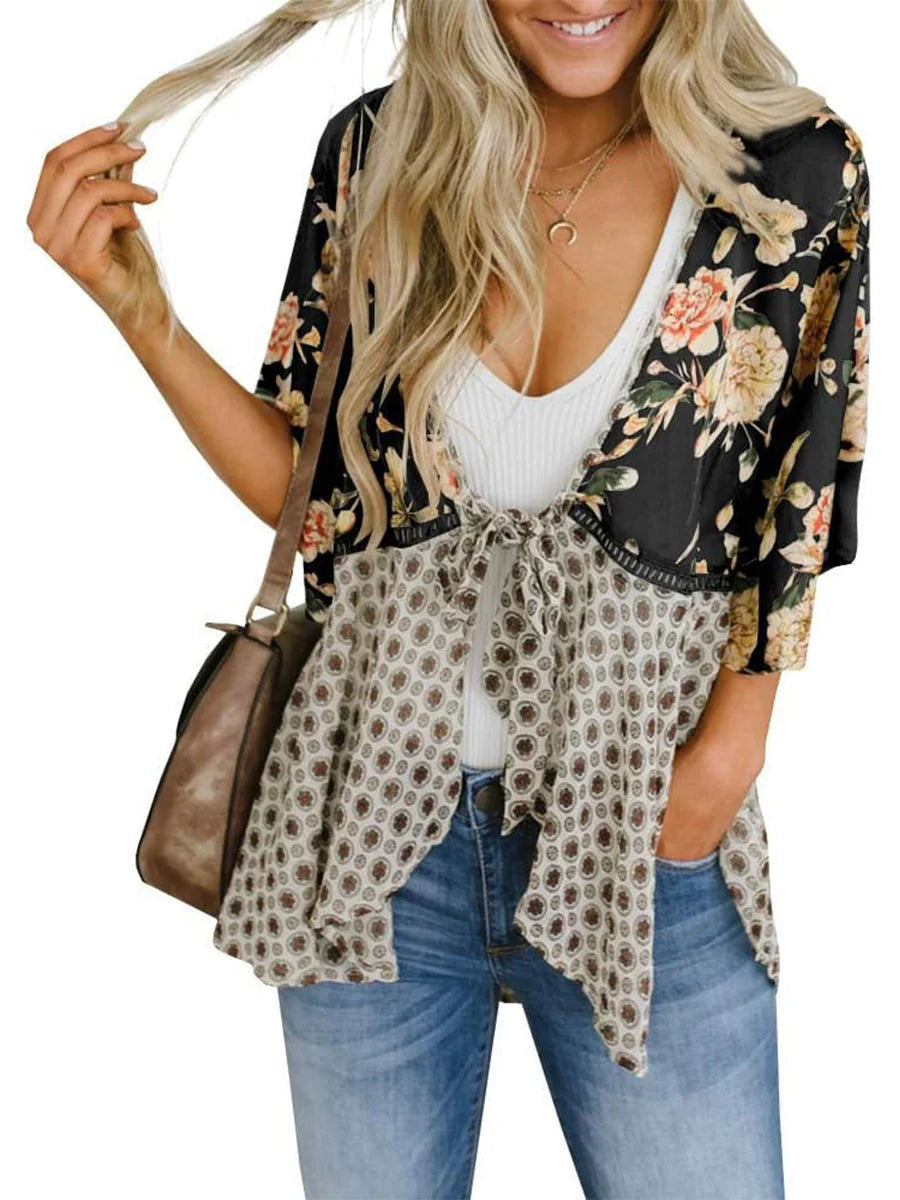 🌸Dámský kardigan s květinovým vzorem, volánkovými rukávy a vázáním vpředu – vzdušné, volné svršky v boho stylu