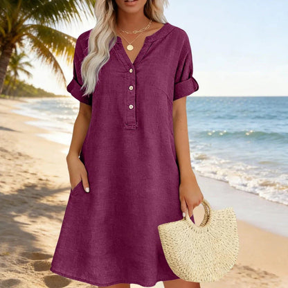 🏖️VÝHODNÁ NABÍDKA – SLEVA 50 %! 👗 Dámské tunikové šaty s výstřihem do V – volný střih, kapsy a prodyšný materiál
