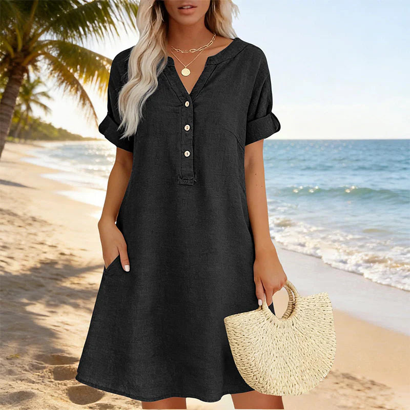 🏖️VÝHODNÁ NABÍDKA – SLEVA 50 %! 👗 Dámské tunikové šaty s výstřihem do V – volný střih, kapsy a prodyšný materiál