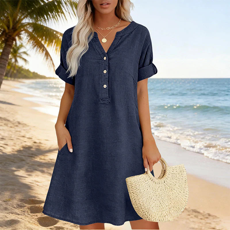 🏖️VÝHODNÁ NABÍDKA – SLEVA 50 %! 👗 Dámské tunikové šaty s výstřihem do V – volný střih, kapsy a prodyšný materiál