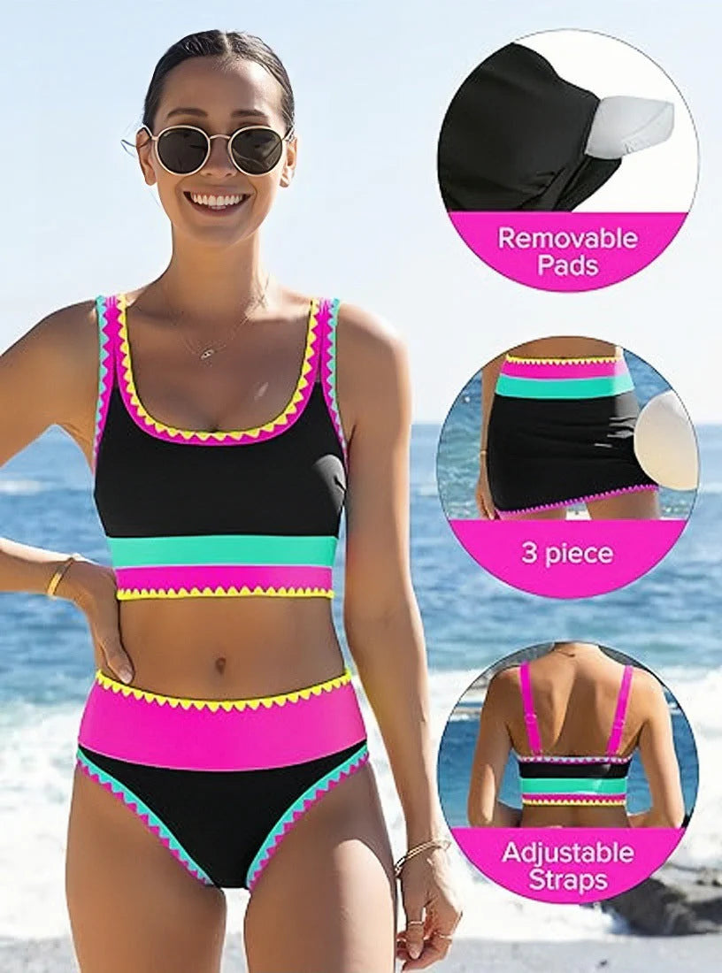 🔥🎁Novinka: 50% SLEVA🔥🌼 Třídílné sportovní bikiny z nylonu s barevnými bloky – vysoký pas se zeštíhlujícím efektem na břicho 👙