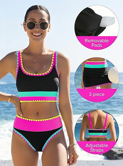 🔥🎁Novinka: 50% SLEVA🔥🌼 Třídílné sportovní bikiny z nylonu s barevnými bloky – vysoký pas se zeštíhlujícím efektem na břicho 👙