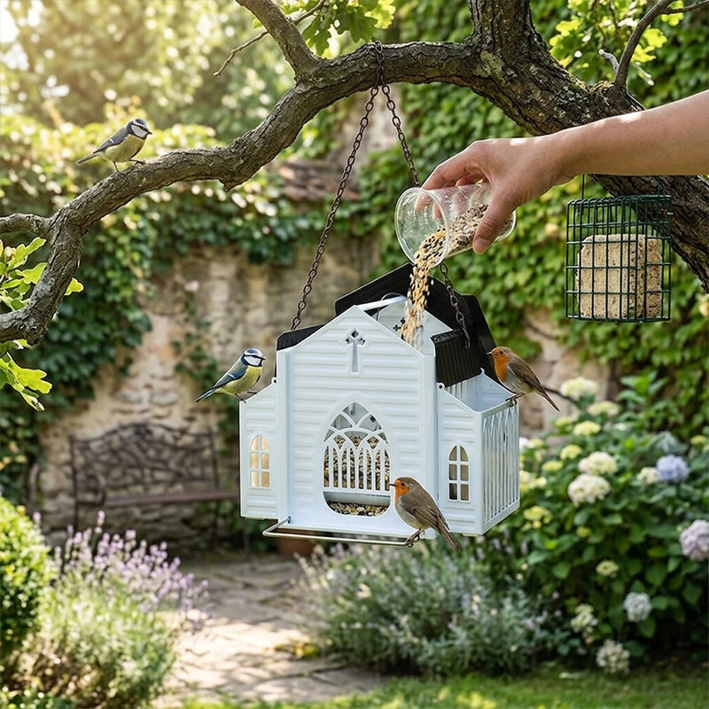 🐦✨ Solární krmítko ve tvaru kostela – elegantní a svítící