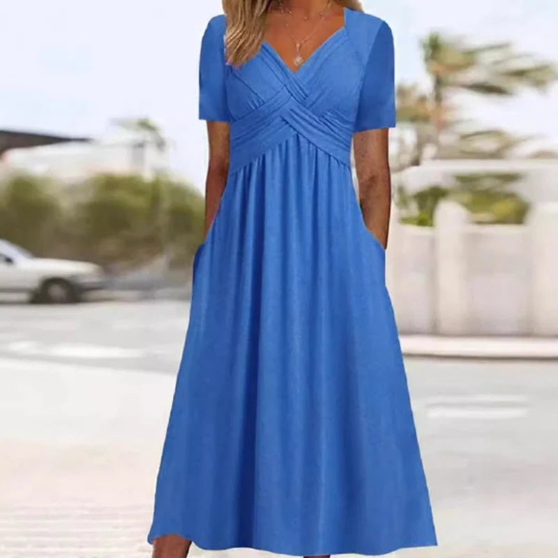 【S–3XL】👗Dámské dlouhé šaty s výstřihem do V a krátkými rukávy