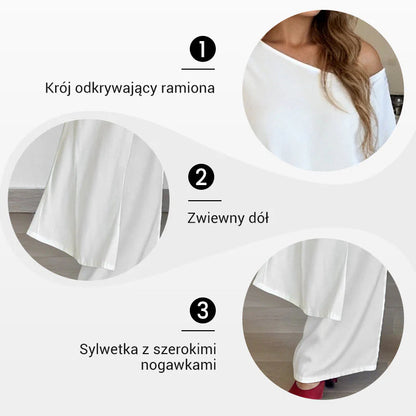 👗 Dvoudílný set top s odhalenými rameny + kalhoty – jednobarevný a prodyšný na léto