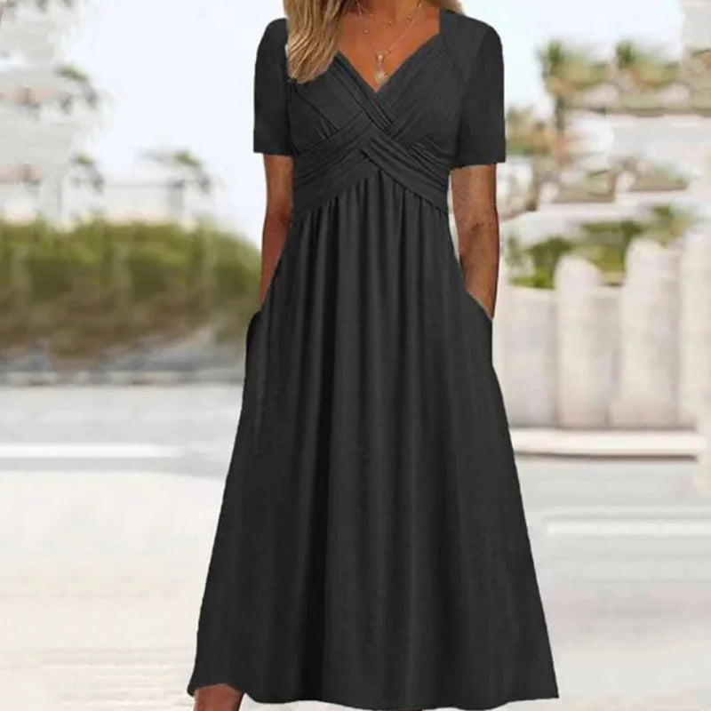 【S–3XL】👗Dámské dlouhé šaty s výstřihem do V a krátkými rukávy