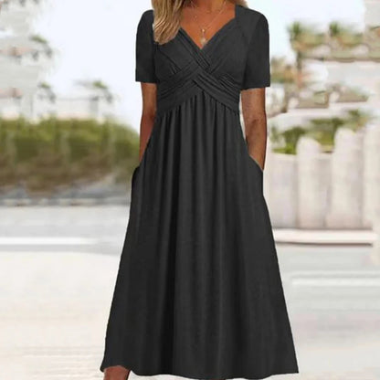 【S–3XL】👗Dámské dlouhé šaty s výstřihem do V a krátkými rukávy