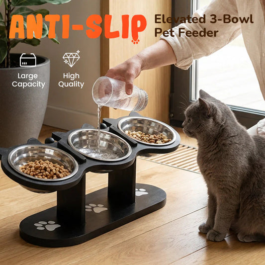 🐾Zvýšená miska pro kočky a psy se třemi miskami – protiskluzová a stabilní🥣🍽️✨
