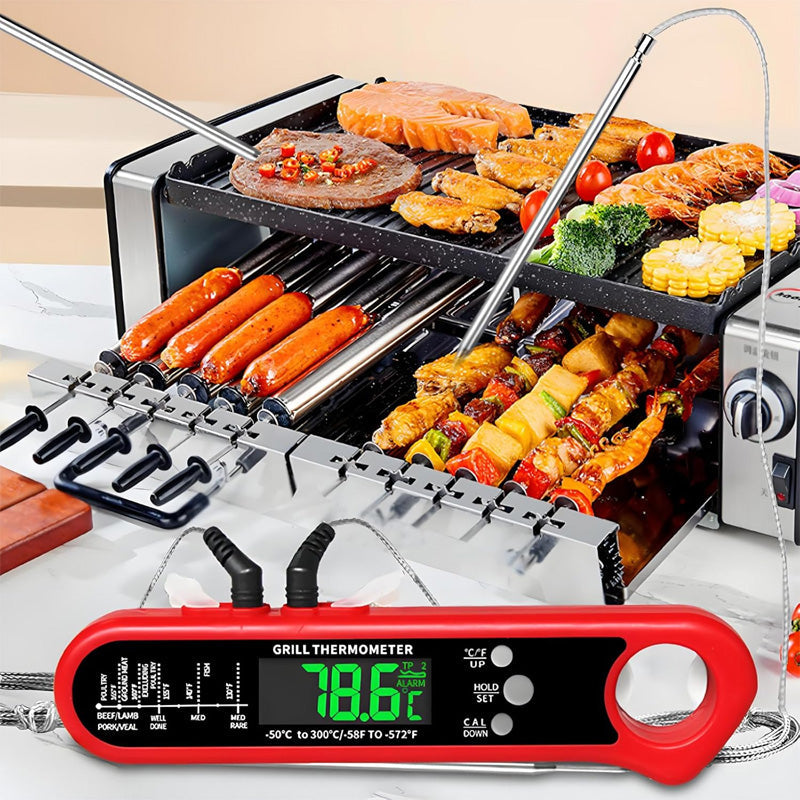🍖 Teploměr na maso se dvěma sondami – současné měření dvou pokrmů + alarm! 🔥