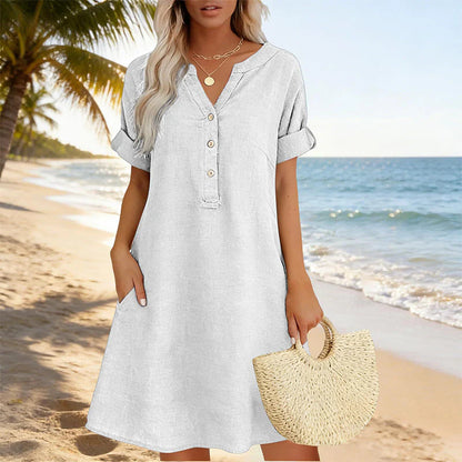 🏖️VÝHODNÁ NABÍDKA – SLEVA 50 %! 👗 Dámské tunikové šaty s výstřihem do V – volný střih, kapsy a prodyšný materiál