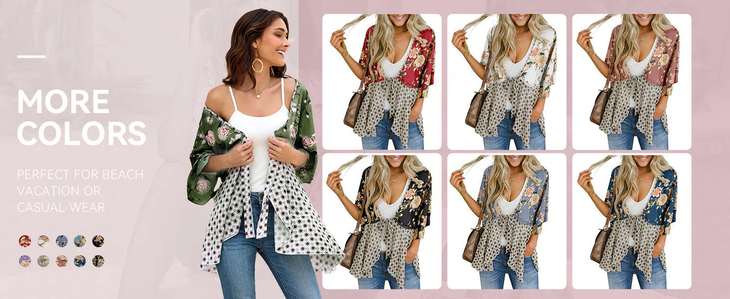 🌸Dámský kardigan s květinovým vzorem, volánkovými rukávy a vázáním vpředu – vzdušné, volné svršky v boho stylu