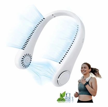 Přenosný mini ventilátor na krk, dobíjecí přes USB, bezlopatkový, s 3 rychlostmi a silným proudem vzduchu