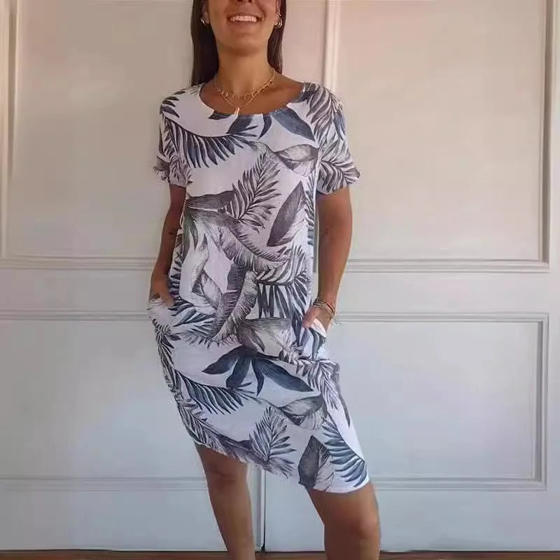 🌼Dámské bavlněné a plátěné šaty s kulatým výstřihem a potiskem