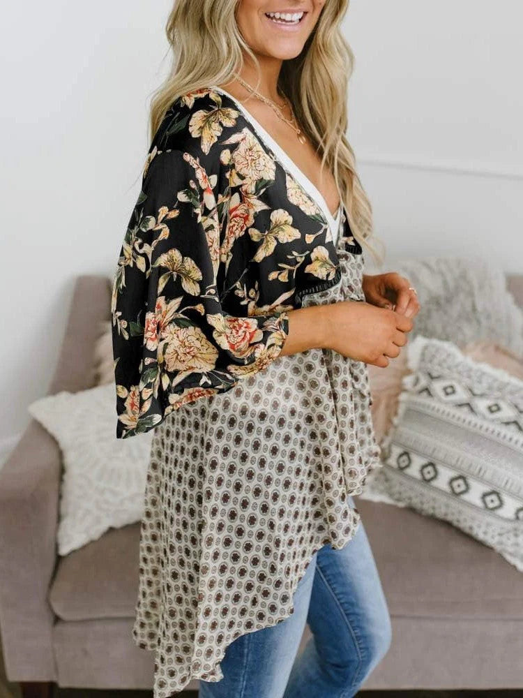 🌸Dámský kardigan s květinovým vzorem, volánkovými rukávy a vázáním vpředu – vzdušné, volné svršky v boho stylu