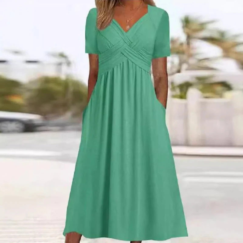 【S–3XL】👗Dámské dlouhé šaty s výstřihem do V a krátkými rukávy
