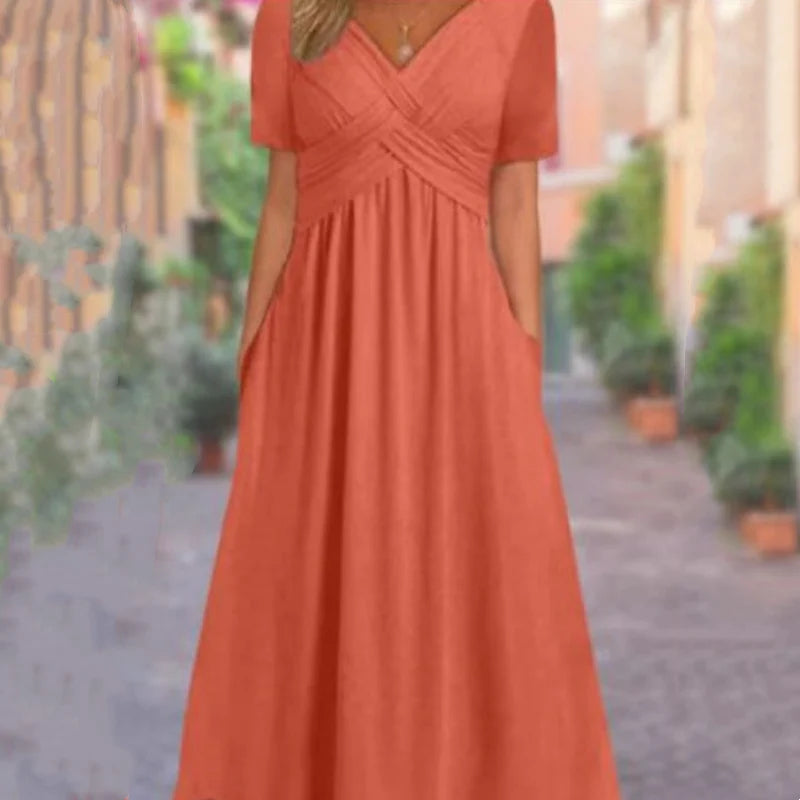 【S–3XL】👗Dámské dlouhé šaty s výstřihem do V a krátkými rukávy