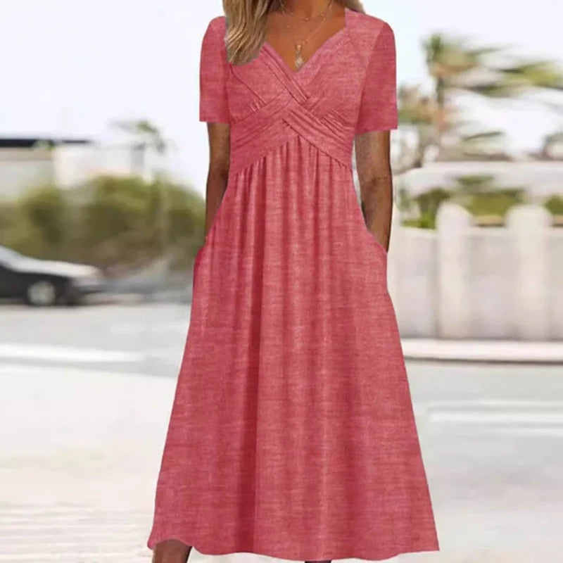 【S–3XL】👗Dámské dlouhé šaty s výstřihem do V a krátkými rukávy