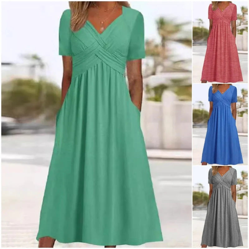 【S–3XL】👗Dámské dlouhé šaty s výstřihem do V a krátkými rukávy