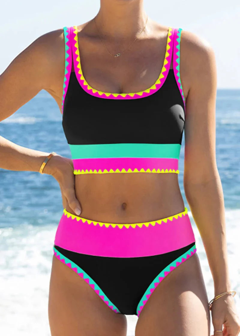 🔥🎁Novinka: 50% SLEVA🔥🌼 Třídílné sportovní bikiny z nylonu s barevnými bloky – vysoký pas se zeštíhlujícím efektem na břicho 👙