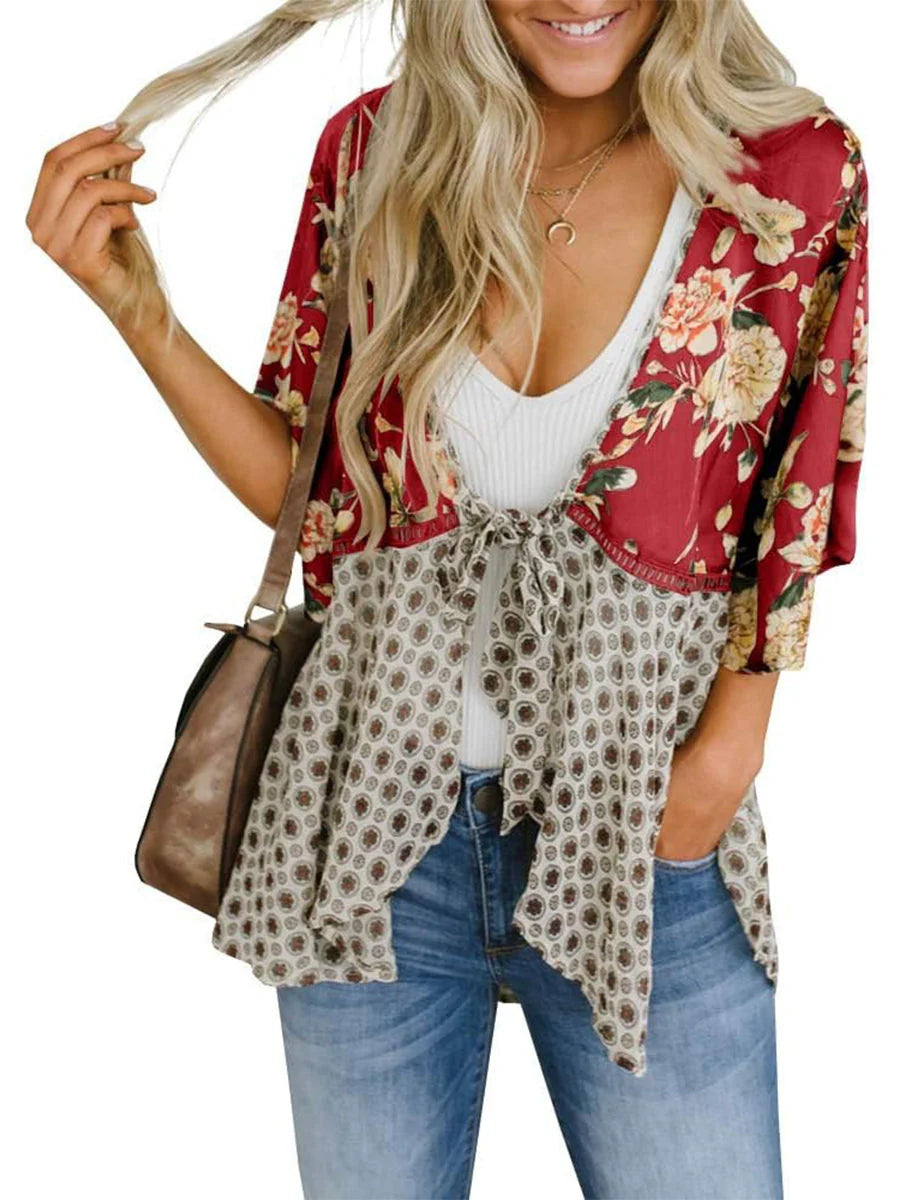 🌸Dámský kardigan s květinovým vzorem, volánkovými rukávy a vázáním vpředu – vzdušné, volné svršky v boho stylu
