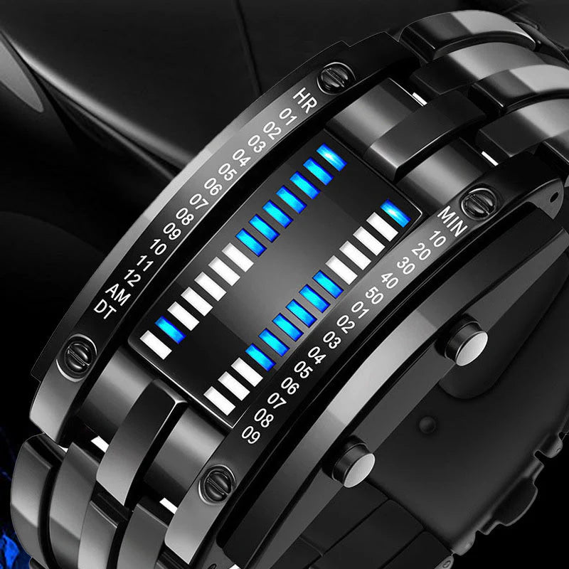 Digitální LED hodiny – nerezová ocel, modré podsvícení, sportovní styl, voděodolné, moderní