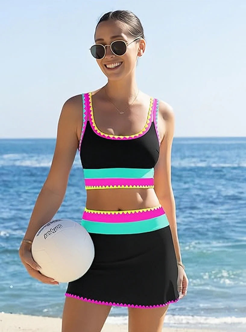 🔥🎁Novinka: 50% SLEVA🔥🌼 Třídílné sportovní bikiny z nylonu s barevnými bloky – vysoký pas se zeštíhlujícím efektem na břicho 👙