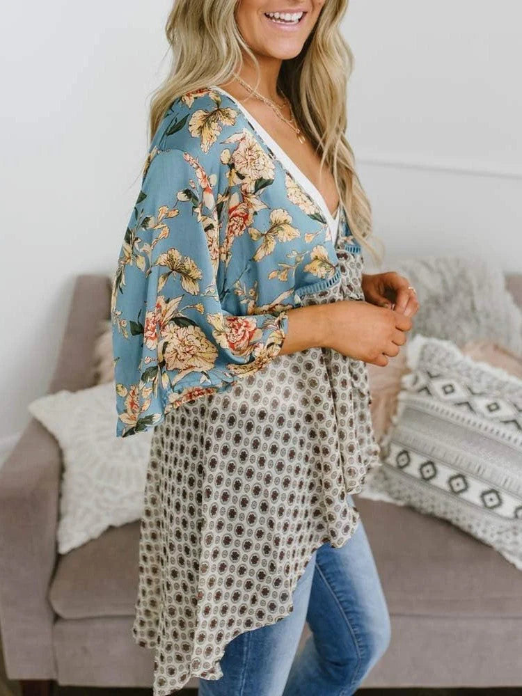🌸Dámský kardigan s květinovým vzorem, volánkovými rukávy a vázáním vpředu – vzdušné, volné svršky v boho stylu