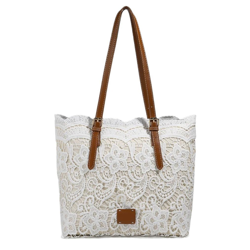 👜 Bílá čipkovaná tote taška s PU koženým popruhem – stylová & prostorná 💖