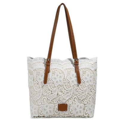 👜 Bílá čipkovaná tote taška s PU koženým popruhem – stylová & prostorná 💖