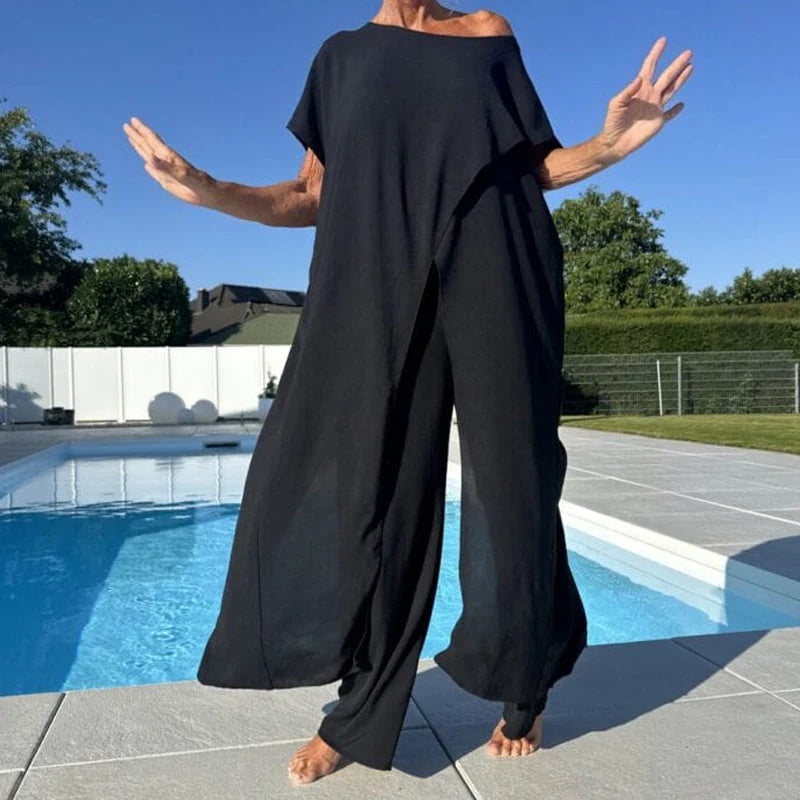 👗 Dvoudílný set top s odhalenými rameny + kalhoty – jednobarevný a prodyšný na léto
