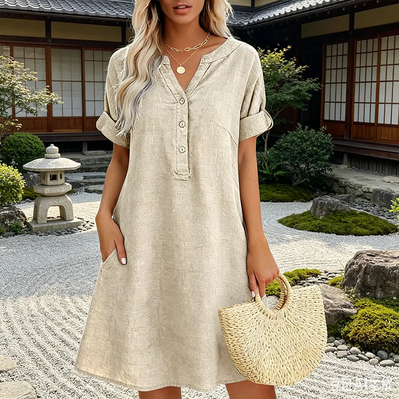 🏖️VÝHODNÁ NABÍDKA – SLEVA 50 %! 👗 Dámské tunikové šaty s výstřihem do V – volný střih, kapsy a prodyšný materiál