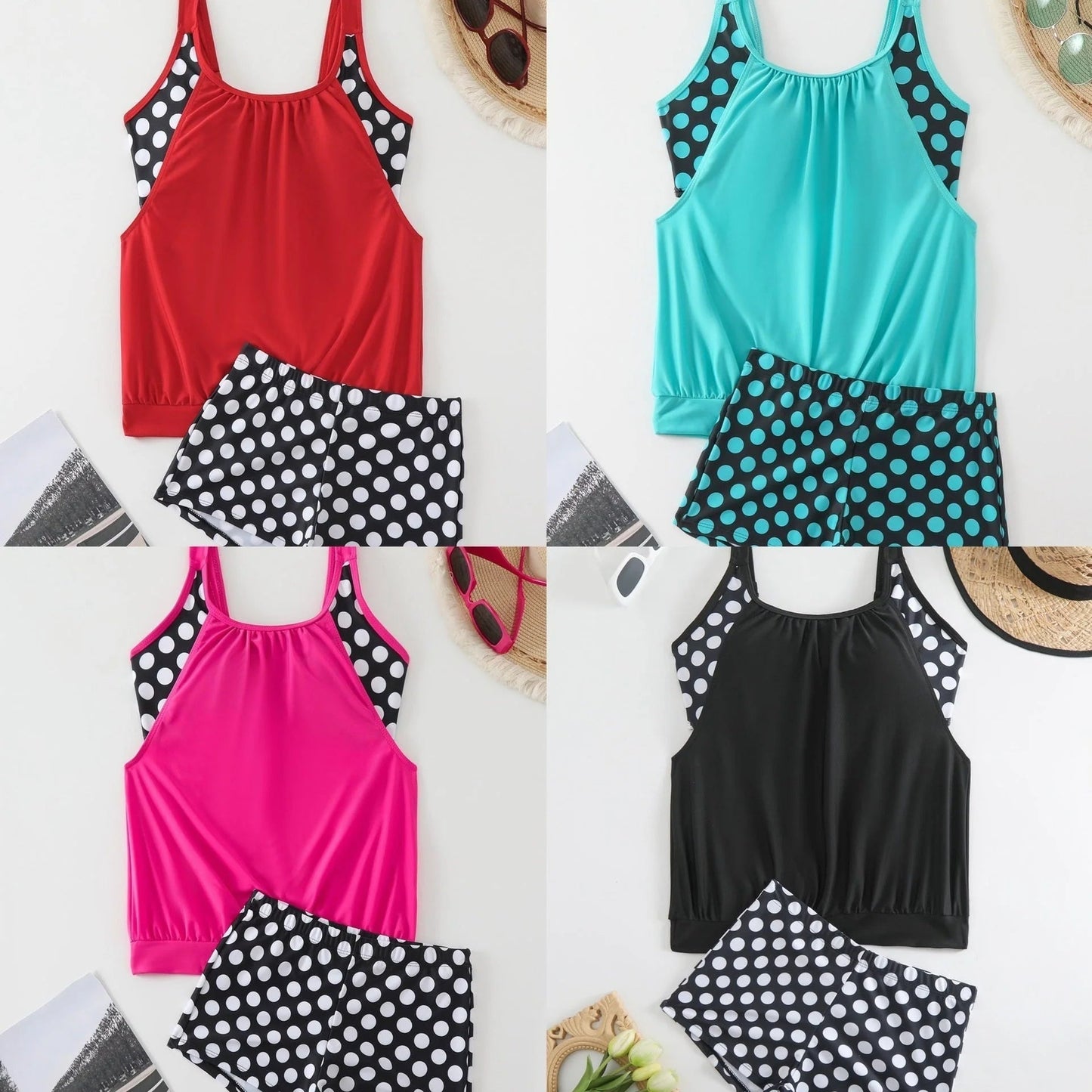 👙 Dvoudílné plavky color-block s puntíky – stylové & pohodlné 💖