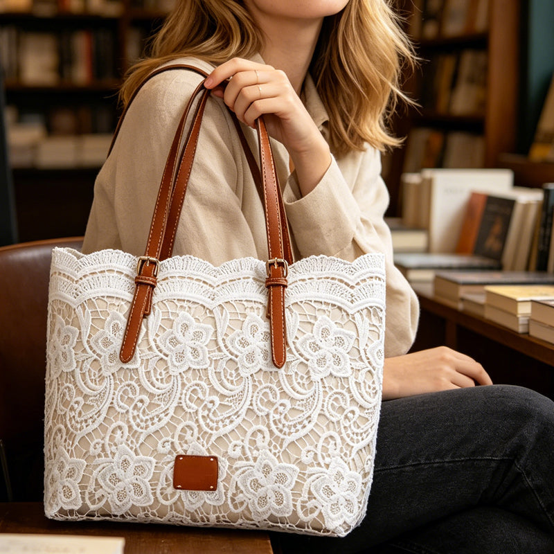 👜 Bílá čipkovaná tote taška s PU koženým popruhem – stylová & prostorná 💖
