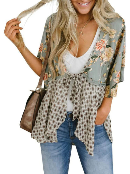 🌸Dámský kardigan s květinovým vzorem, volánkovými rukávy a vázáním vpředu – vzdušné, volné svršky v boho stylu