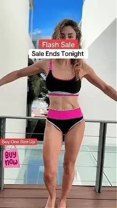 🔥🎁Novinka: 50% SLEVA🔥🌼 Třídílné sportovní bikiny z nylonu s barevnými bloky – vysoký pas se zeštíhlujícím efektem na břicho 👙