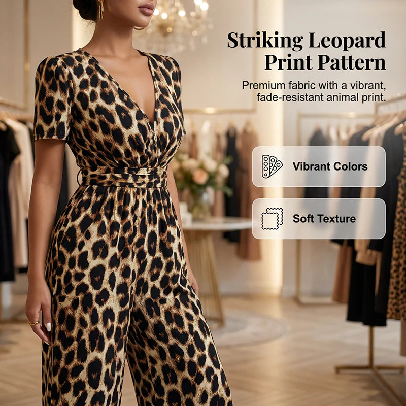 🐆Kombinéza s leopardím vzorem, výstřihem do V a širokými nohavicemi