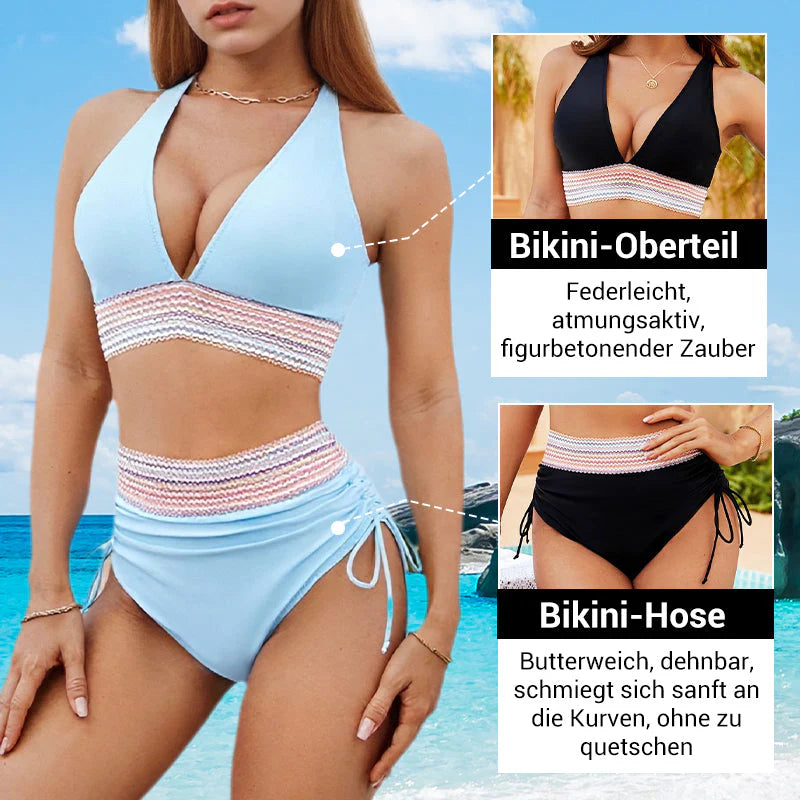Bikiny s vysokým pasem, které zeštíhlují břicho, v barevném blokovém designu