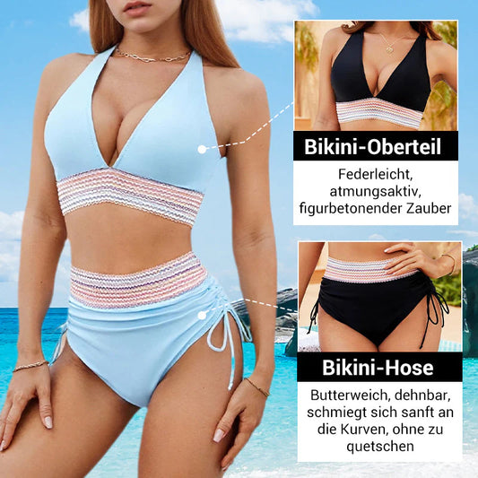 Bikiny s vysokým pasem, které zeštíhlují břicho, v barevném blokovém designu