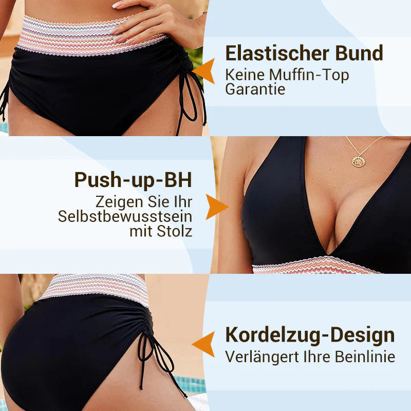 Bikiny s vysokým pasem, které zeštíhlují břicho, v barevném blokovém designu