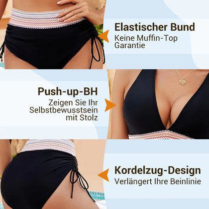 Bikiny s vysokým pasem, které zeštíhlují břicho, v barevném blokovém designu