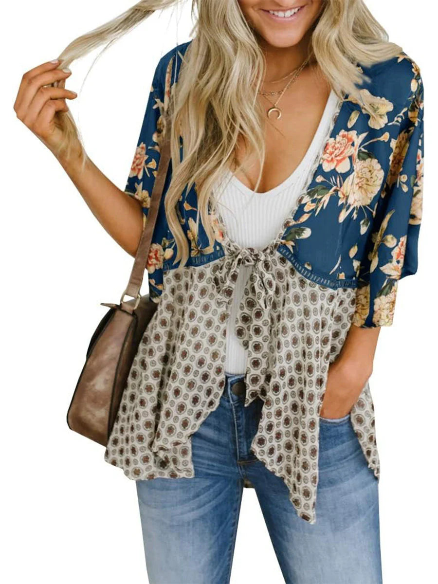 🌸Dámský kardigan s květinovým vzorem, volánkovými rukávy a vázáním vpředu – vzdušné, volné svršky v boho stylu
