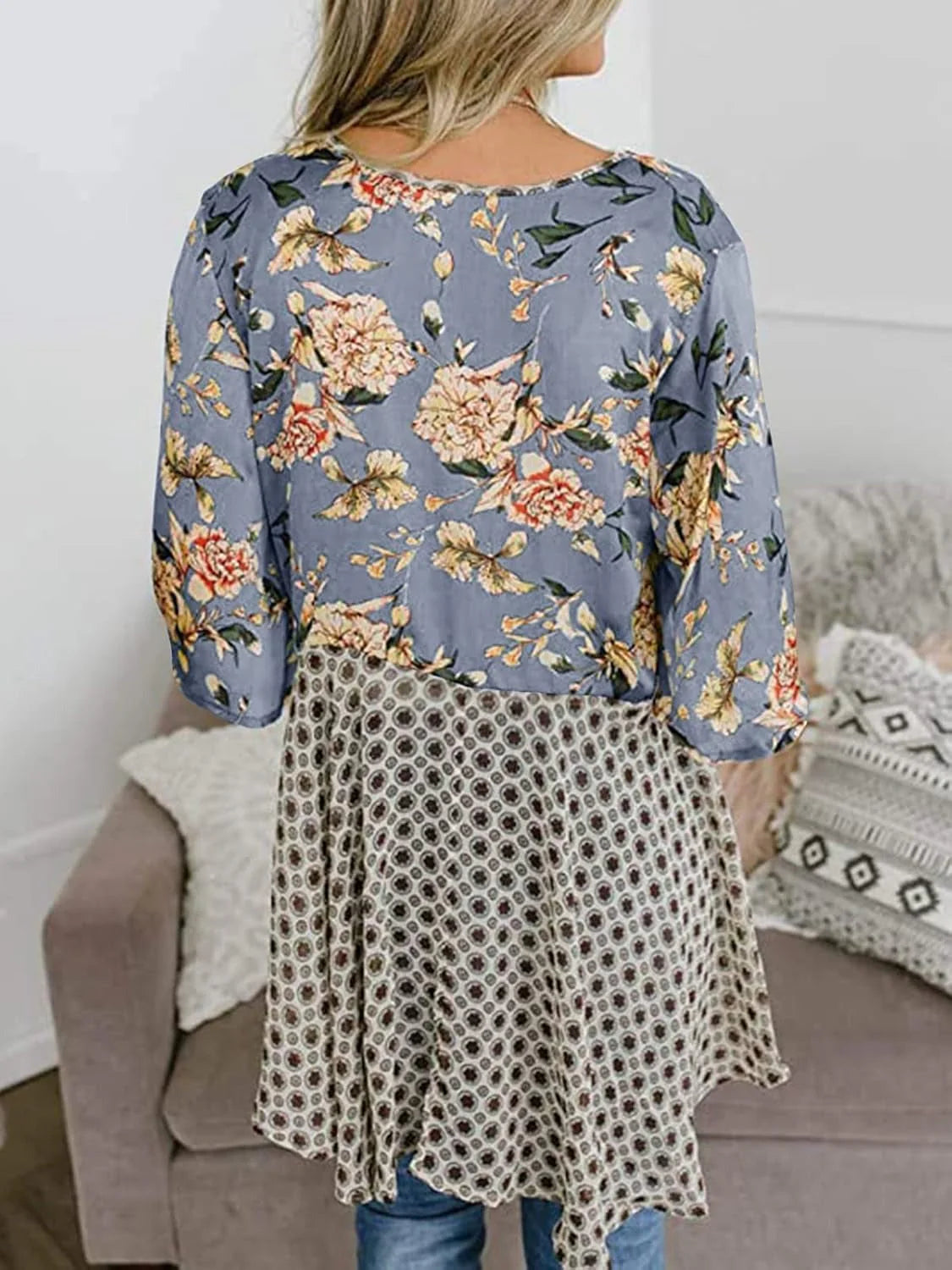 🌸Dámský kardigan s květinovým vzorem, volánkovými rukávy a vázáním vpředu – vzdušné, volné svršky v boho stylu