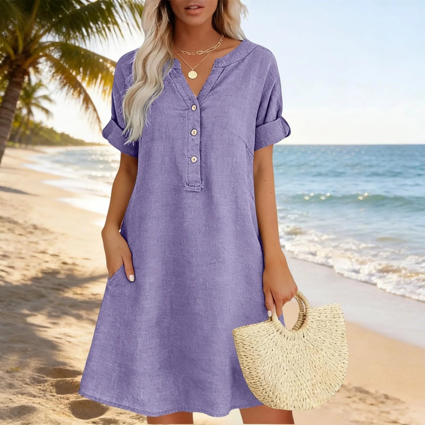 🏖️VÝHODNÁ NABÍDKA – SLEVA 50 %! 👗 Dámské tunikové šaty s výstřihem do V – volný střih, kapsy a prodyšný materiál