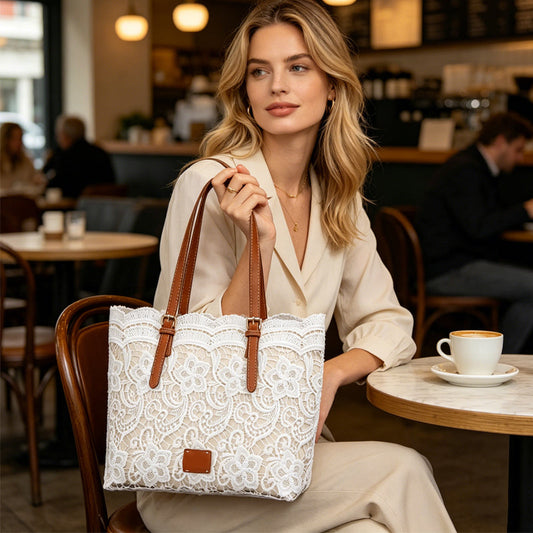 👜 Bílá čipkovaná tote taška s PU koženým popruhem – stylová & prostorná 💖