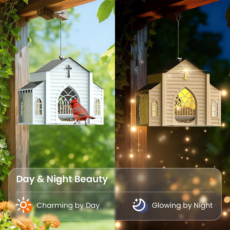 🐦✨ Solární krmítko ve tvaru kostela – elegantní a svítící