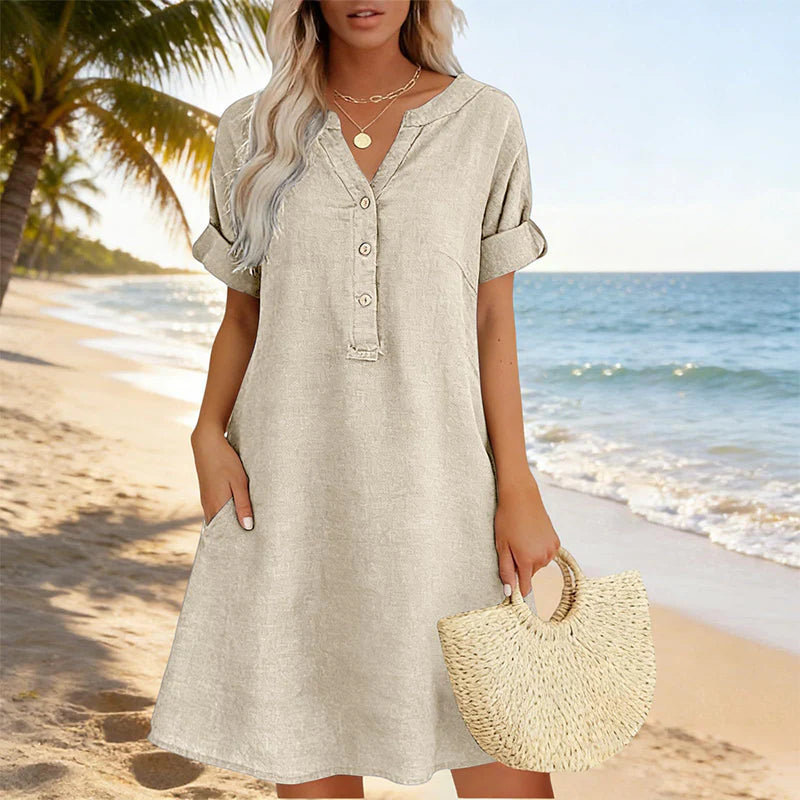 🏖️VÝHODNÁ NABÍDKA – SLEVA 50 %! 👗 Dámské tunikové šaty s výstřihem do V – volný střih, kapsy a prodyšný materiál