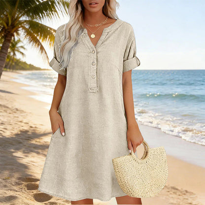 🏖️VÝHODNÁ NABÍDKA – SLEVA 50 %! 👗 Dámské tunikové šaty s výstřihem do V – volný střih, kapsy a prodyšný materiál
